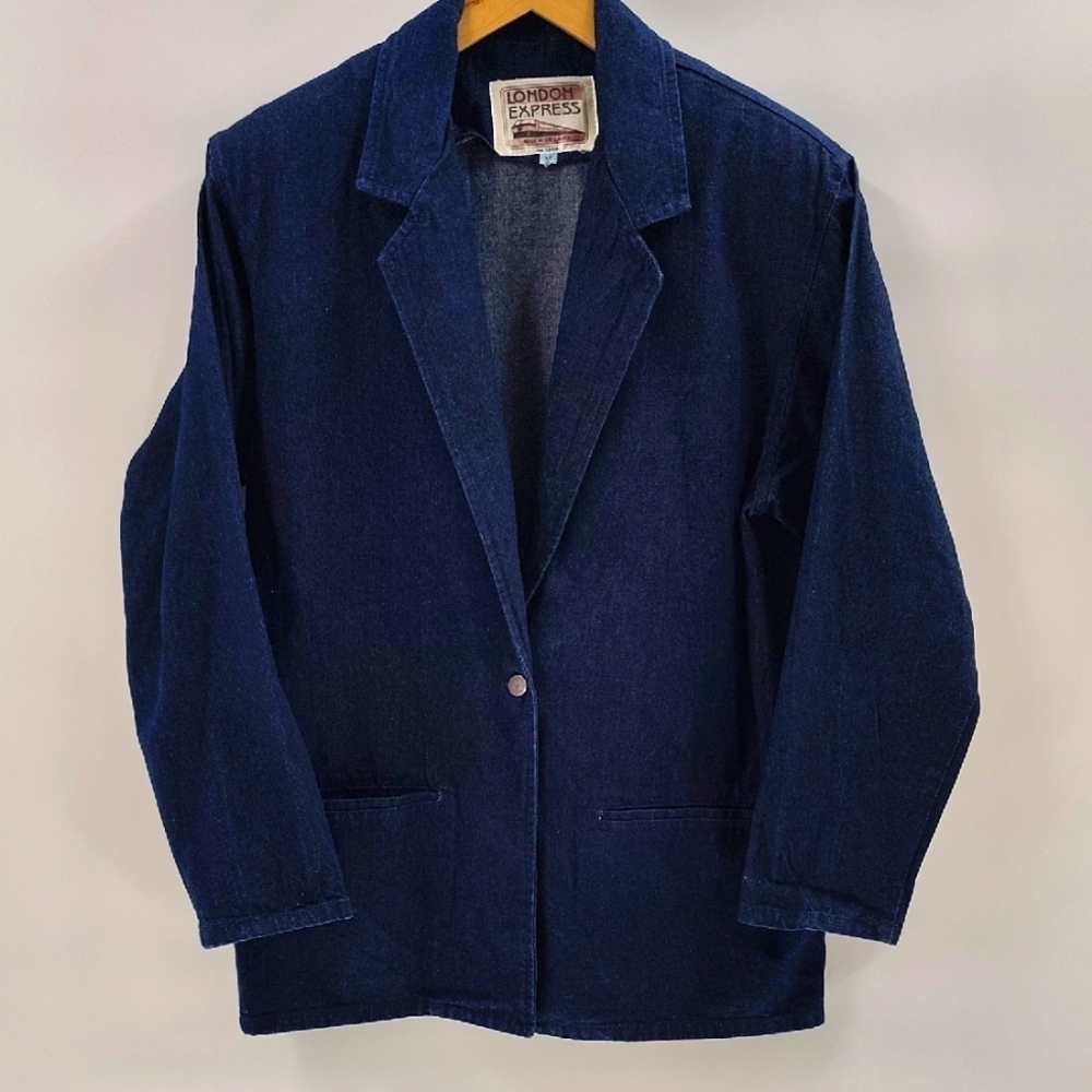 London Express Blue Denim Blazer Jacket Size Medium Vintage One Button w Pockets